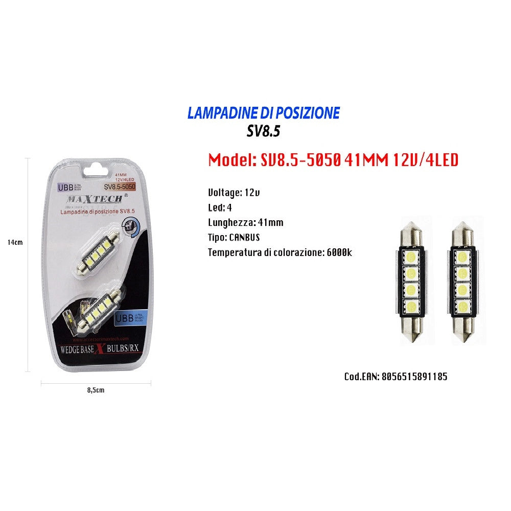 Trade Shop - Lampadine Di Posizione Lampadine Ultra Luminose Maxtech Sv8.5-5050 12v 4led 41mm -