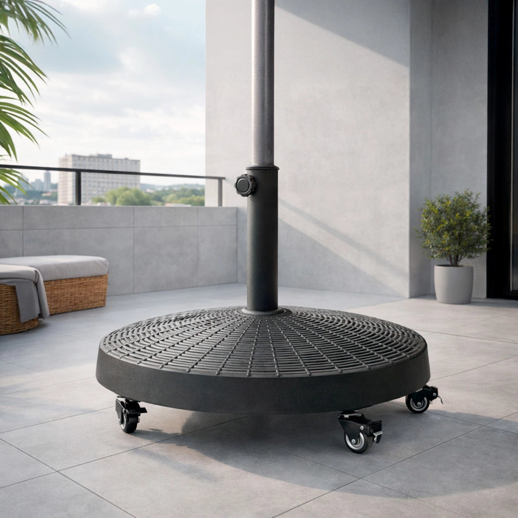 Base Ombrellone Da Giardino 4 Ruote Con Freni In Cemento HDPE E Metallo Diametro Palo Compatibile 38/48 Mm Effetto Rattan Resistente Ideale Per Terrazzo Balcone Ø52 x 34 Cm Nero