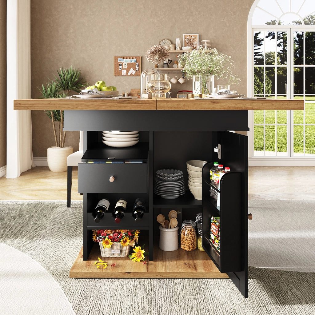 Tavolo da pranzo allungabile con anta ribaltabile, cassetto e ripiani, per cucina e soggiorno, nero, 110 × 80 × 75 cm