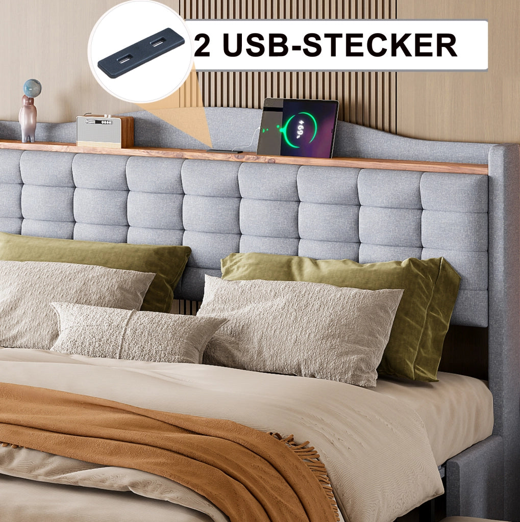 Letto imbottito 160x200 cm grigio con USB; mensola; 4 cassetti e rete a doghe