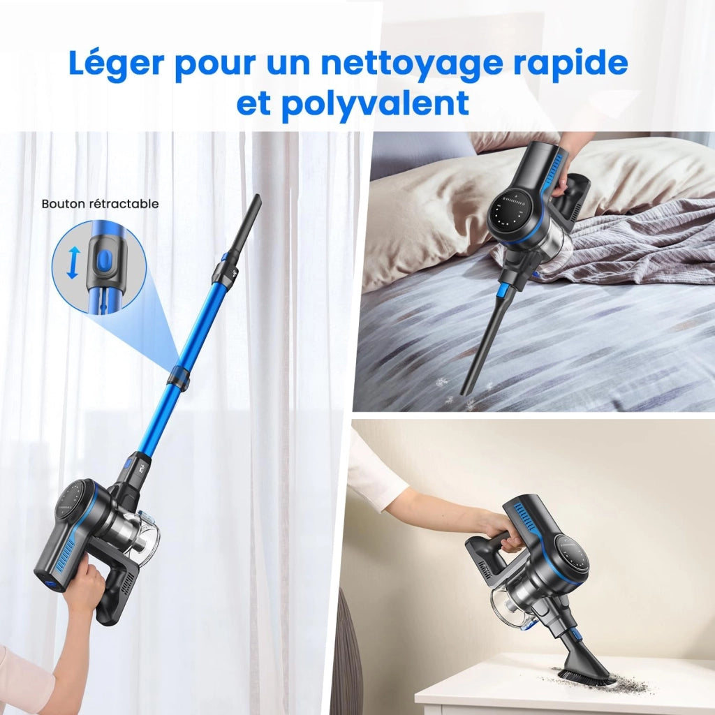 Aspirapolvere senza fili INSE S7P blu con display a LED e spazzola a rullo morbida.