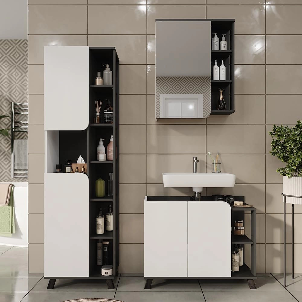Set di mobili da bagno Karen, Antracite/bianco, 80 cm, composto da mobile sottolavabo, specchiera e colonna alta