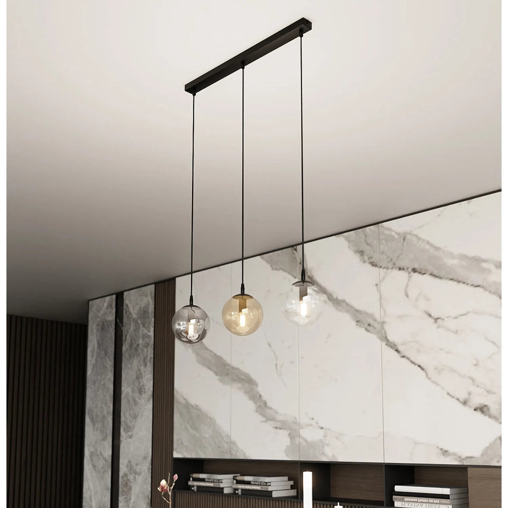 Sospensione Moderna 3 Luci Kali In Acciaio Nero E Sfere In Vetro Multicolor