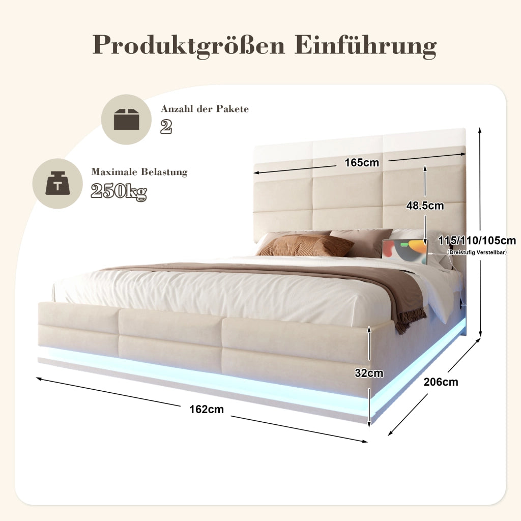 Letti contenitori 160x200 cm con LED e contenitore; velluto beige (Senza materasso)