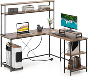 Scrivania per computer a forma di L convertibile con LED, ripiani aperti e supporto per monitor, gancio laterale, stazione di ricarica, 145 x 145 cm, per ufficio, studio (marrone)