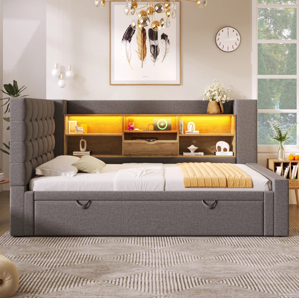 Letto imbottito estraibile 90x200 cm con LED; USB-A e USB-C; grigio