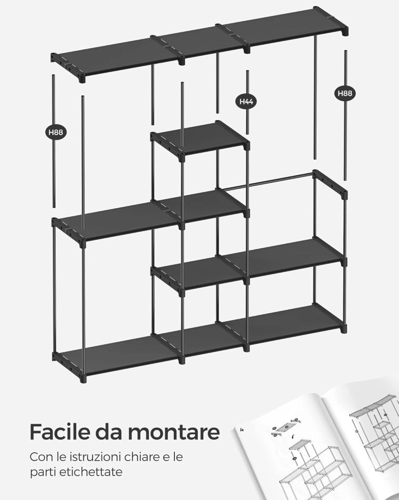 SONGMICS Armadio, Guardaroba Autoportante, con Barre Appendiabiti, Portabiti Ripiani in Tessuto, Struttura in Metallo, 182 x 43 x 182 cm, Nero Inchiostro RYG037B02
