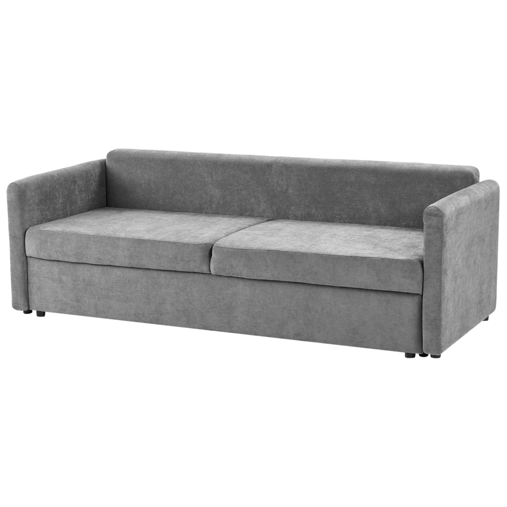 Divano letto convertibile in tessuto di ciniglia moderno con contenitore e cuscini sfoderabili grigio chiaro stile minimalista