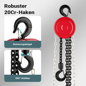 Paranco a catena manuale, max 1000 kg, con catena di 3 m, per sollevamento di carichi pesanti