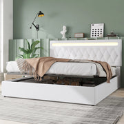 Letto imbottito 180x200 cm con sollevamento idraulico; LED USB; lino e MDF; bianco