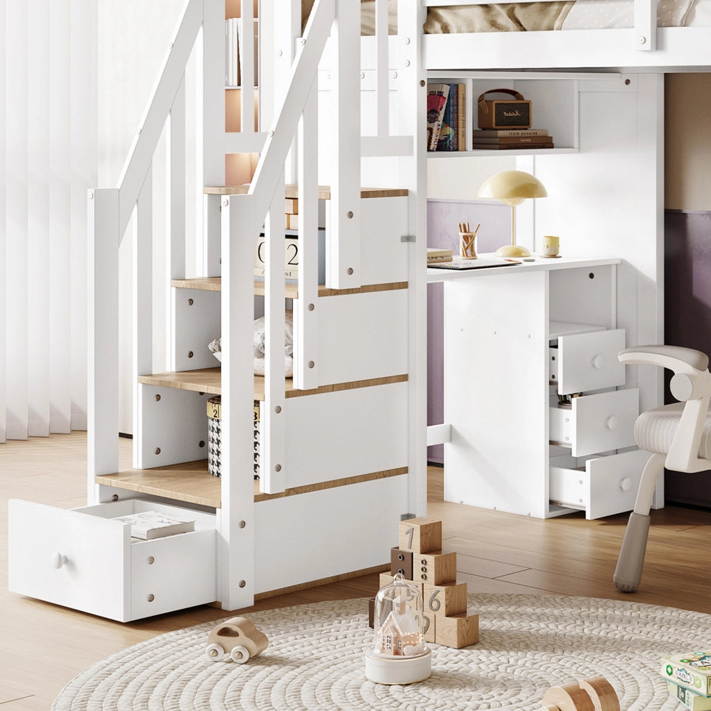 Letto a castello 90x200 cm con scrivania, cassetti e scala contenitore
