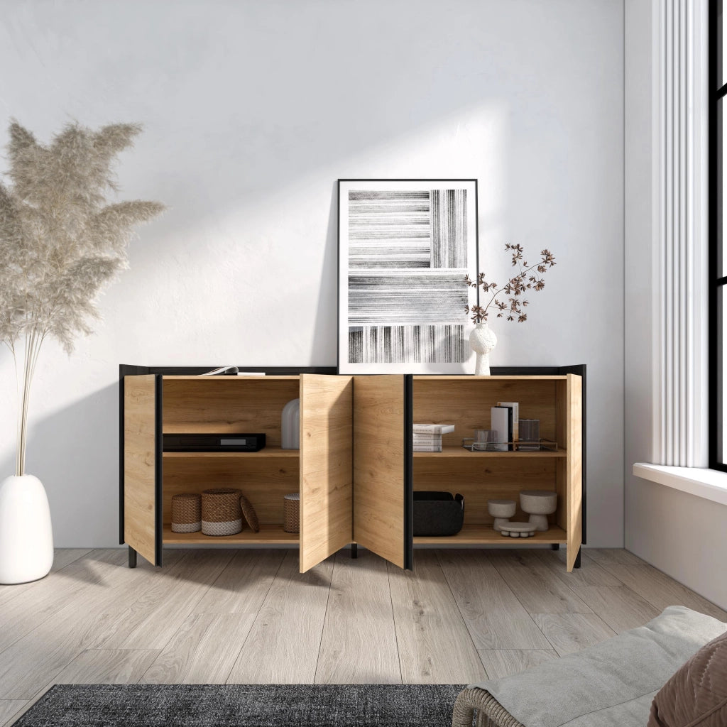 Credenza, Mobile, Cucina, 207x91x35 cm, 4 Porte, Design industriale, Rovere e nero