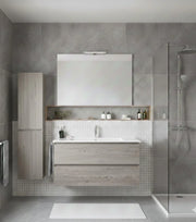 Mobile Bagno LOKI Già Montato 2 cassetti con piedini, lavabo e specchio Rovere affumicato 70x45 cm con colonna