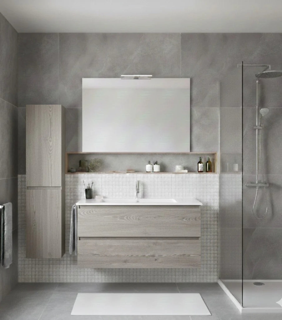 Mobile Bagno LOKI Già Montato 2 cassetti con piedini, lavabo e specchio Rovere affumicato 70x45 cm con colonna