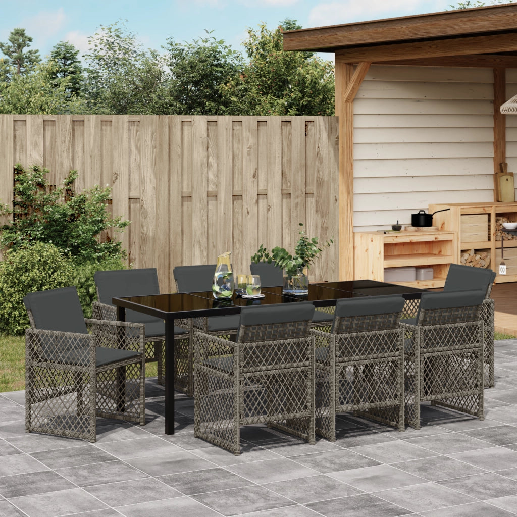 Set da pranzo da giardino  9 pezzi con cuscini grigio rattan