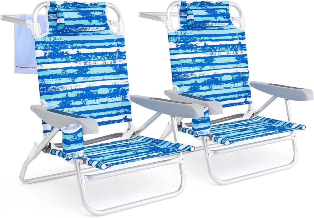 Set di 2 Sedie Pieghevole da Spiaggia, Lounge Sdraio con 5 Posizioni Regolabili, Poltrona da Mare con Cuscino, Porta Asciugamano, Braccioli & Portabicchieri, Portata 150 kg (Blu)