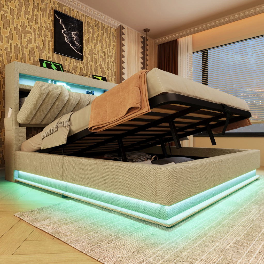 Letto contenitore 160x200 cm beige con LED, USB e Type-C