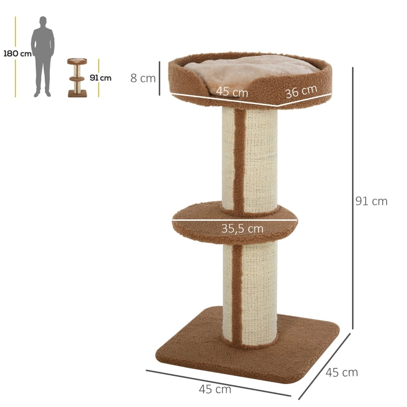 Tiragraffi per gatti 91 cm con piattaforme e cuscino, marrone chiaro