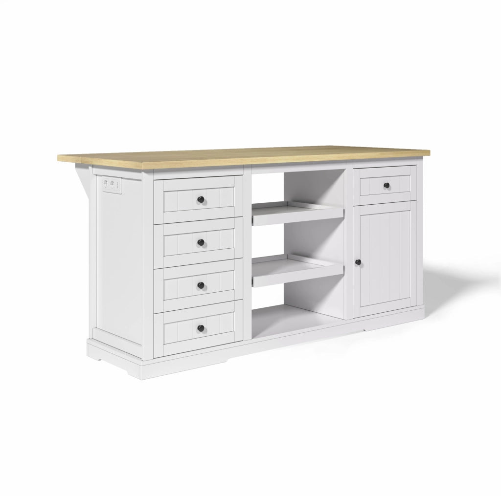 Isola cucina freestanding 150x65x75;5 cm bianco naturale con 5 cassetti e prese