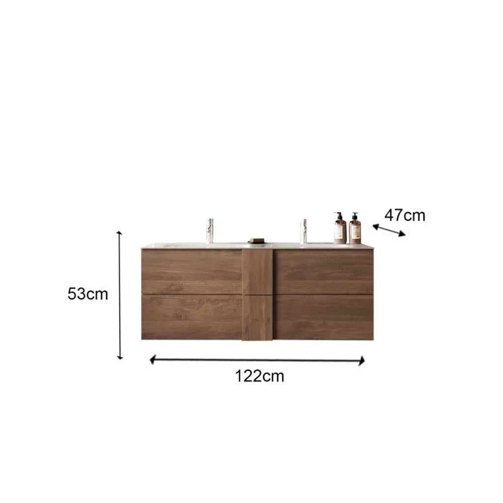 Mobile da bagno sospeso FRASSI – 2 lavabi, 2 cassetti – Colore rovere chiaro – Design moderno