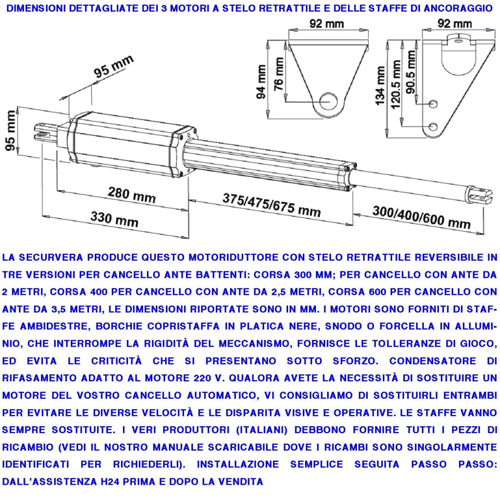 Motoriduttori Elettromeccanici per Cancello 5 MT 2 Ante Battenti da 2,5 Metri Stelo Retrattile Reversibile Corsa 400 mm 230 V Spinta 250 Kg Ricambio Universale Securvera Con Staffe e Bulloni