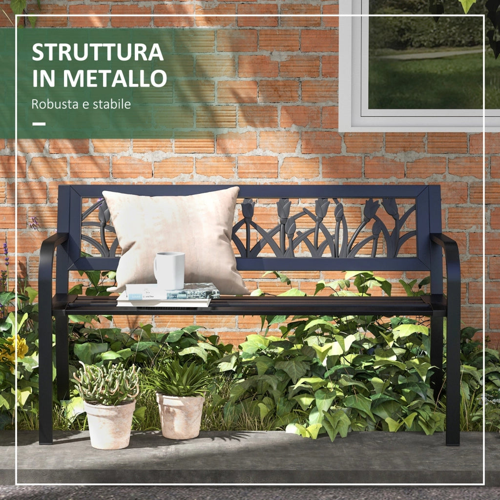 Panchina da Giardino  2 Posti  con Schienale Decorato e Braccioli 125x50x75 cm in Acciaio Nero