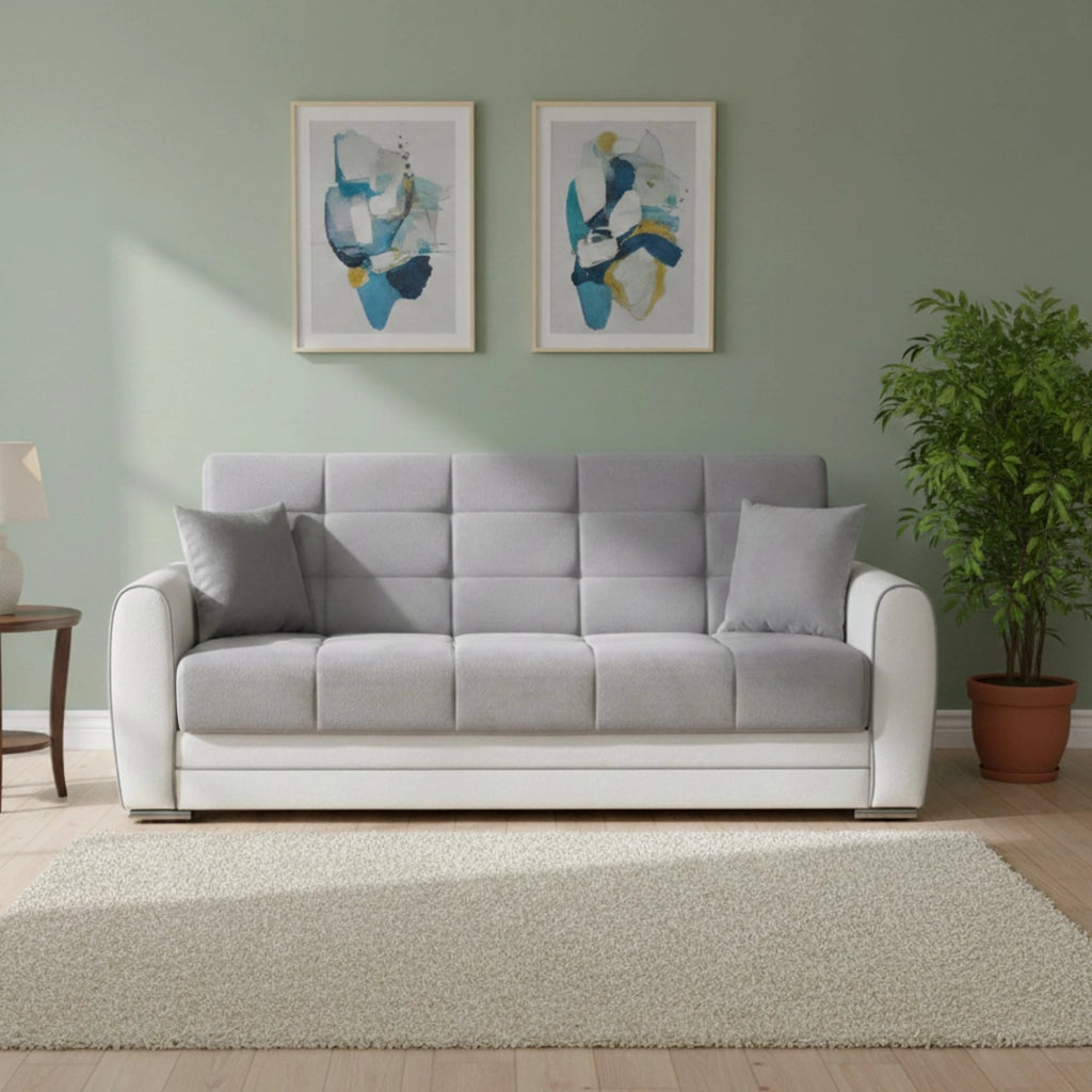 Divano letto Dike, Divano letto contenitore a 3 posti in ecopelle e tessuto, SofÒ  da soggiorno in tessuto imbottito con apertura click-clack, Cm 220x84h91, Bianco e Grigio
