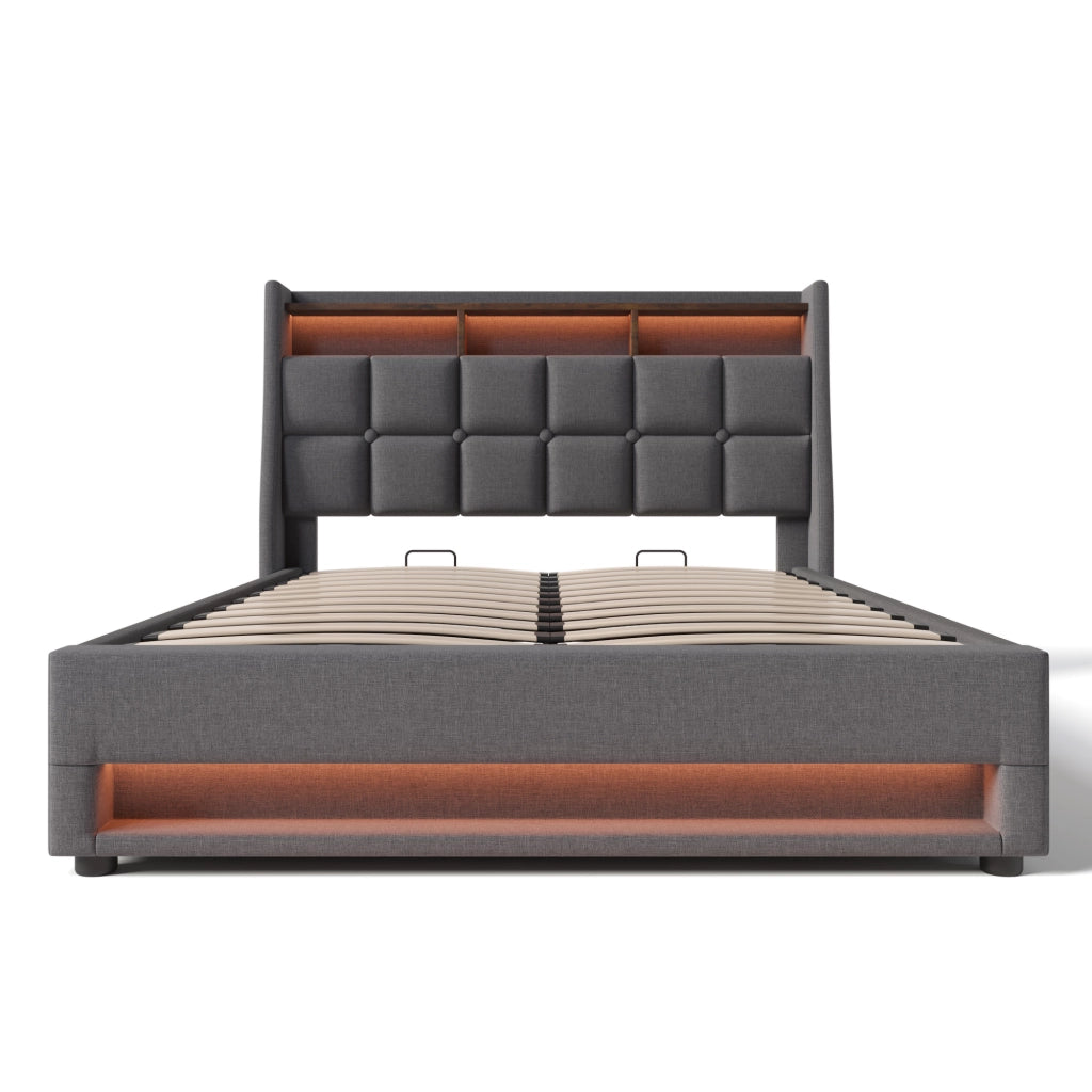 OKWISH Letto Contenitore 180×200 cm, Letto Matrimoniale con USB, LED Regolabile e Vano Contenitore, senza Materasso, in Lino, Grigio