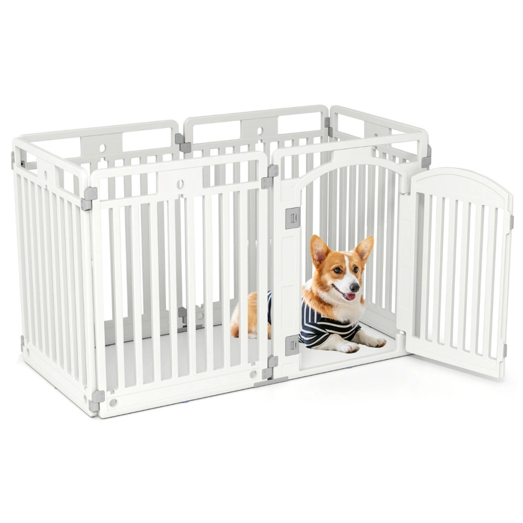 81 cm Recinto per cani a 6 pannelli con porta di bloccaggio e picchetti da terra, Casa per cani medi e piccoli Bianco-Cancelli