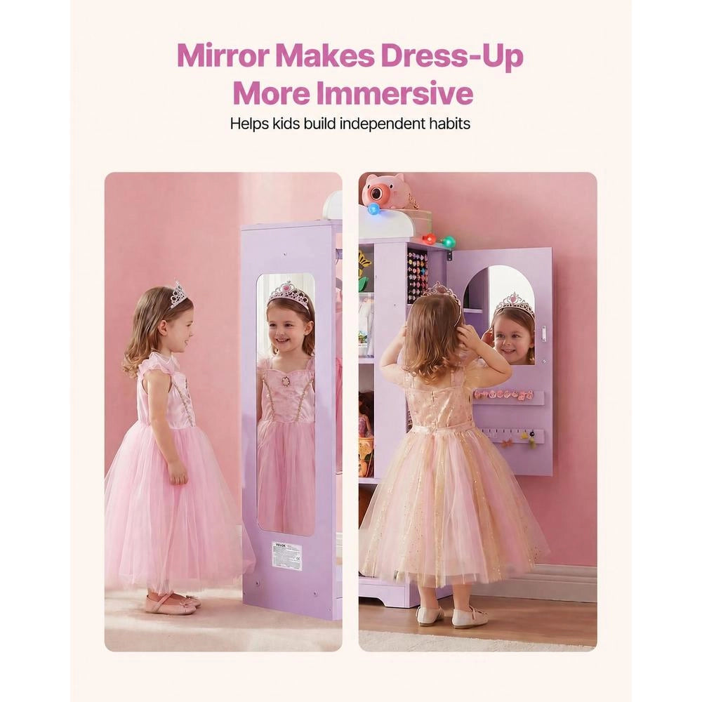 Armadio Costumi Bambini con Mobiletto Portagiochi Viola Specchio Ripiani per Camera e Cameretta