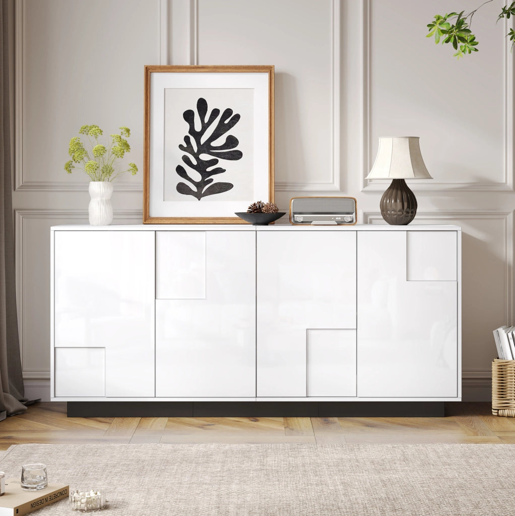 Credenza 160x37x75.5 cm con 4 ante geometriche lucide e push to open in truciolare bianco e nero