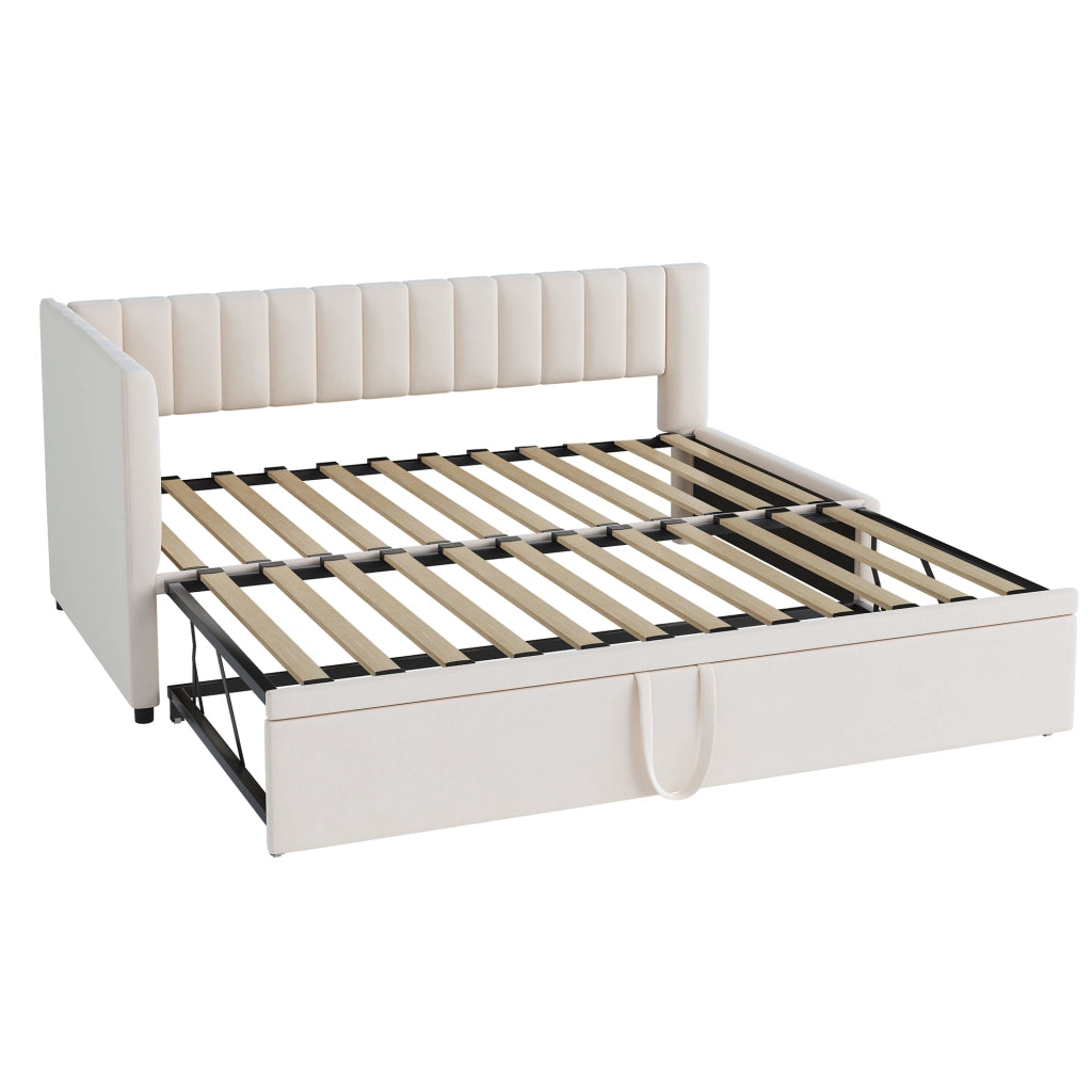 OKWISH Letto a Scomparsa 90×200 cm, Letto Singolo con Letto Estraibile, Schienale e Testiera, senza Materasso, in Velluto, Beige