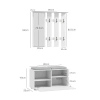 Set Mobili da Ingresso con Appendiabiti, Specchio, Panca con Cuscini e Scarpiera per 8 Paia di Scarpe, Bianco