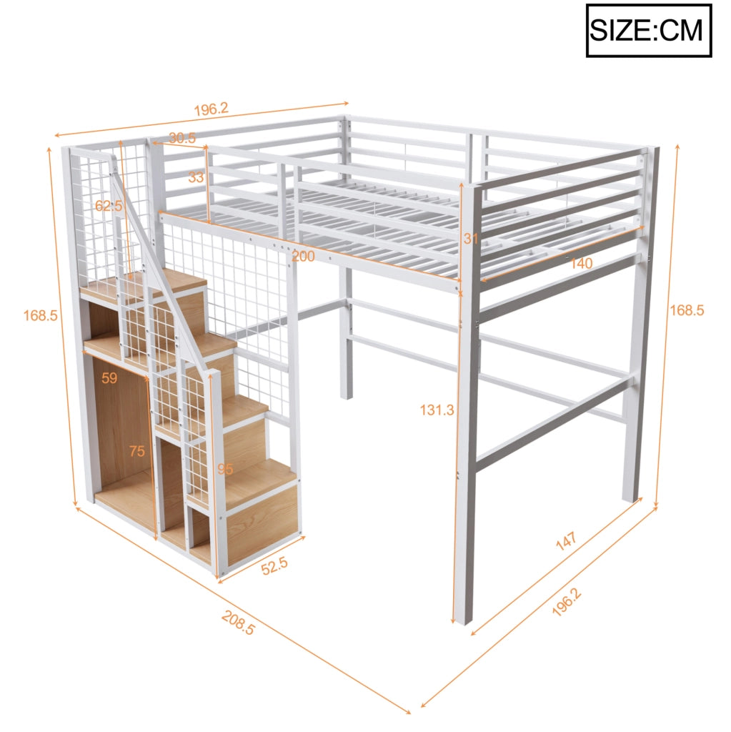 Letto a soppalco 140x200 cm con scala e vano guardaroba