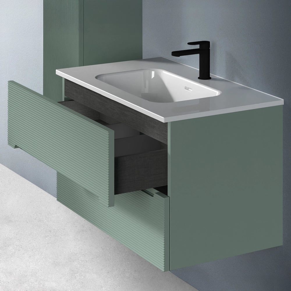 Mobile bagno sospeso 100 verde cannettato 2 cassetti lavabo e specchio Rigo