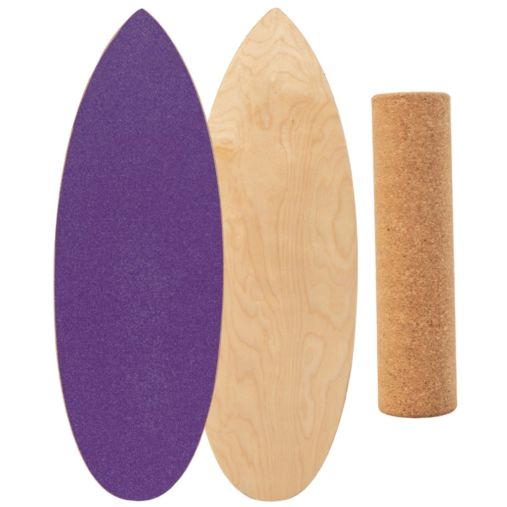 Tavola oscillante realizzata in legno di betulla e sughero, Balance board con rullo e copertura antiscivolo Viola