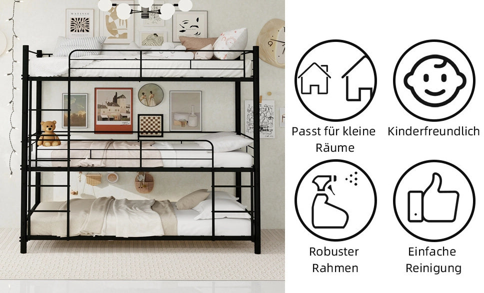 Letto a castello a tre posti con scala integrata in metallo nero