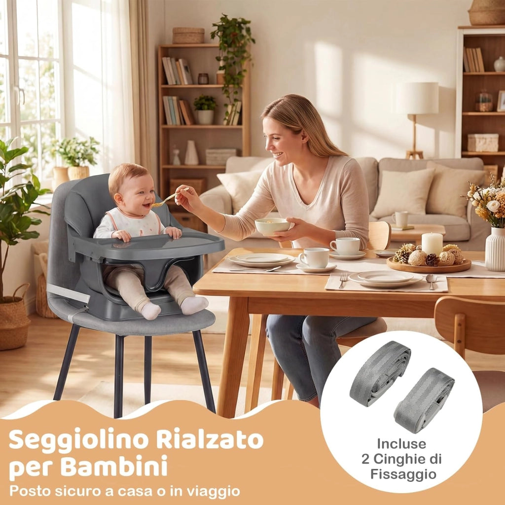 Seggiolone Pappa per Bambini, Seggiolone Convertibile con Cintura e Vassoio Rimovibile, Sedia Evolutiva per Neonati, Telaio in Legno Massello, per Neonati 6-36 Mesi (Grigio Scuro)