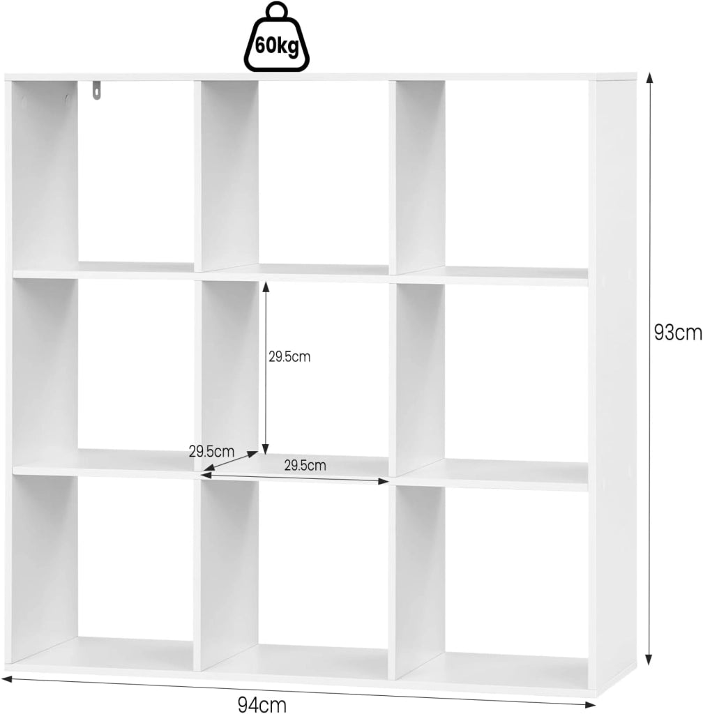 Libreria a 9 Cubi, Scaffale di Stoccaggio a 9 Cubi, Divisorio per Libreria, Mobile di Stoccaggio per Soggiorno e Ufficio, Bianco, 94x29,5x93 cm, SK047ws