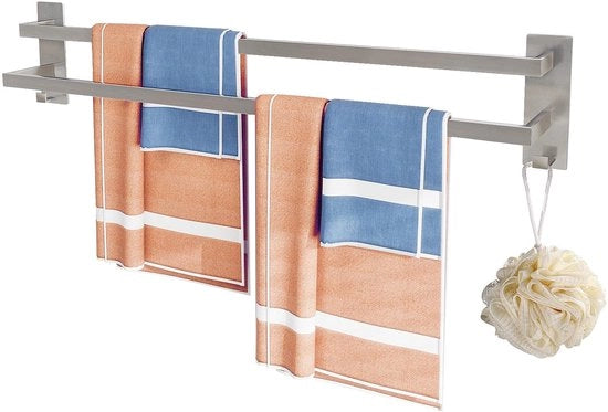 Sostegno per asciugamano senza forare doppio 80cm con gancio in acciaio inossidabile borsetta d'argento asciugamano per bagno adesivo autoattacco duraturo e stabile per parete per camera da letto, bagno, cucina