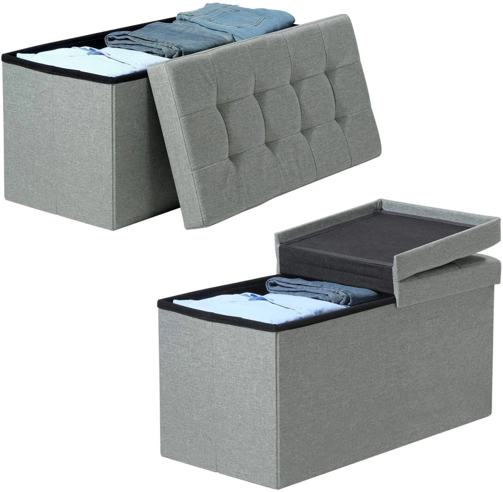 Panca con vano portaoggetti cassapanca con coperchio ribaltabile portata 300 kg 80 litri 76 x 38 x 38 cm imitazione lino grigio chiaro 12_0000427