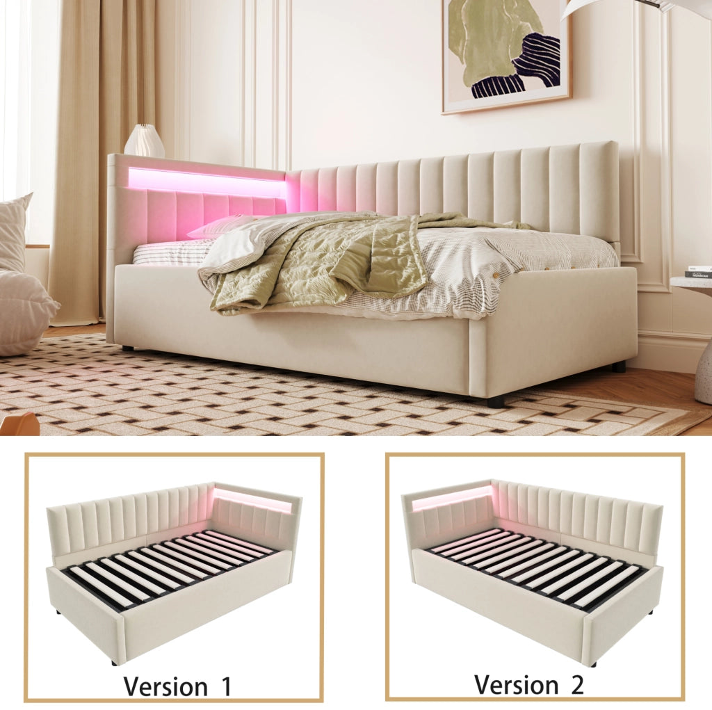 Letto imbottito 90x200 cm con LED; contenitore idraulico; velluto beige