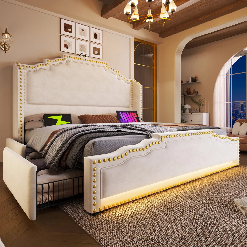 Letto matrimoniale 180x200 cm in velluto beige con LED; porte USB e 4 cassetti