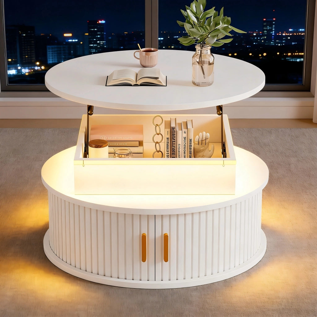 TAVOLO da caffè regolabile in altezza 75x75x52 cm MDF bianco con LED e contenitore