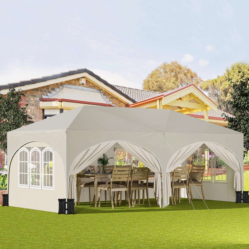 Gazebo Pieghevole da Giardino, Gazebo Idrorepellente Pop Up da 3x6m con Pannelli Laterali, Tendone da Esterno, Altezza Regolabile,Set di 4 Sacchi di Sabbia,con Custodia Beige