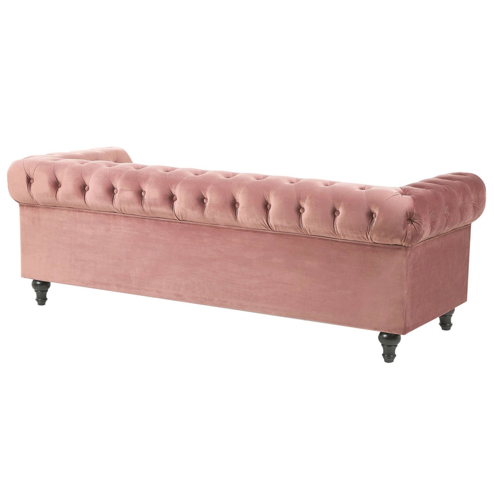 Divano Chesterfield Tessuto Velluto Rosa Rivestimento Gambe Nere 3 Posti