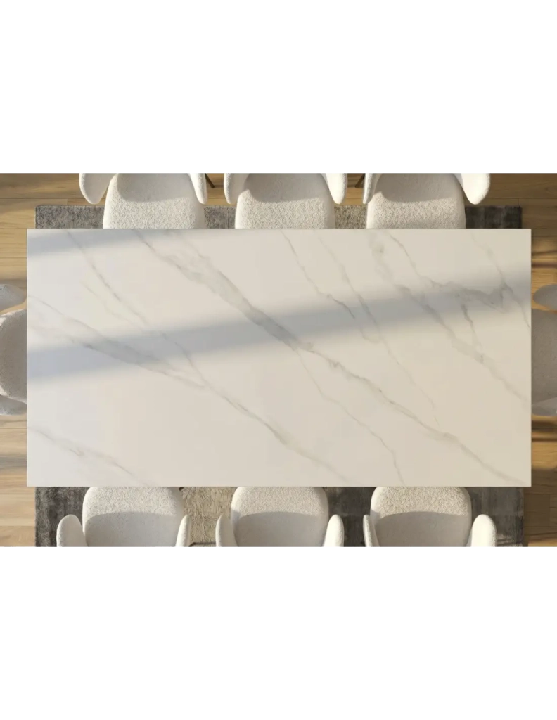 Table SOLARA 180 cm in ceramica effetto marmo bianco con piede a stella nero – 8 posti