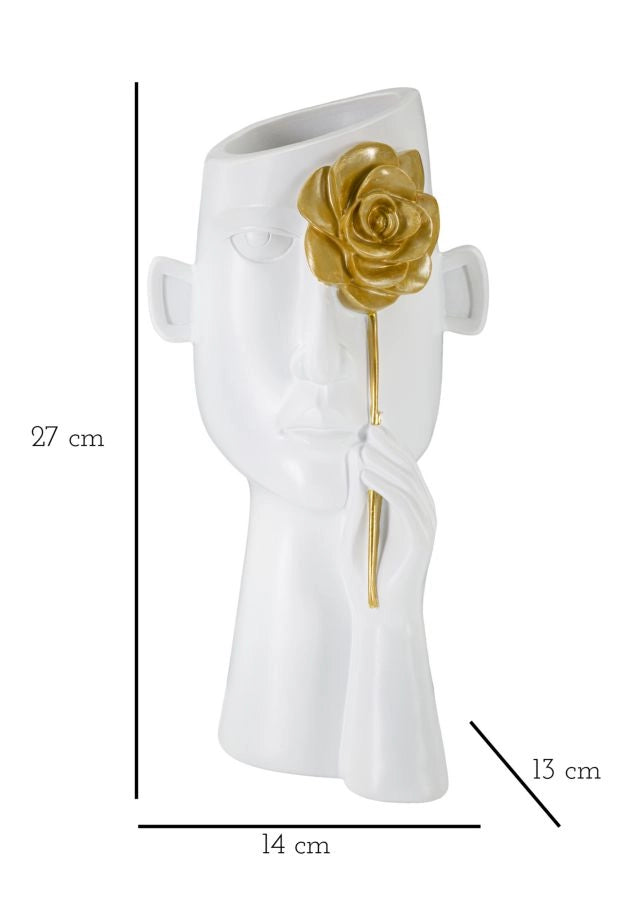 Vaso Face con Fiore 14x13x27 cm in Poliestere Bianco e Oro
