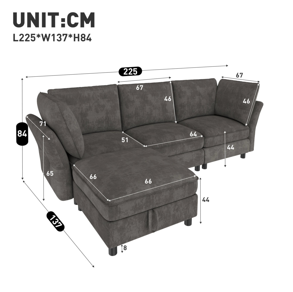 Divano modulare angolare a L con pouf contenitore; 225x137x84 cm; in chenille grigio