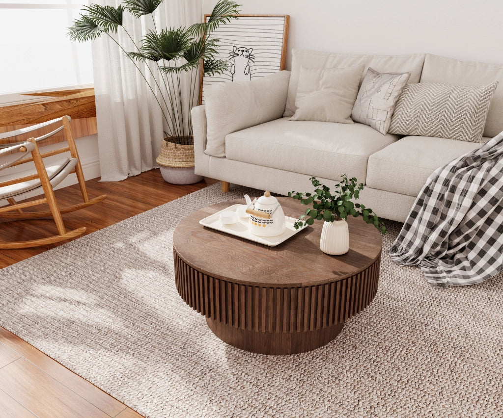 Tavolino basso rotondo con contenitore nascosto, in MDF e legno massello, finitura noce, per soggiorno e ufficio, Ø 75 cm
